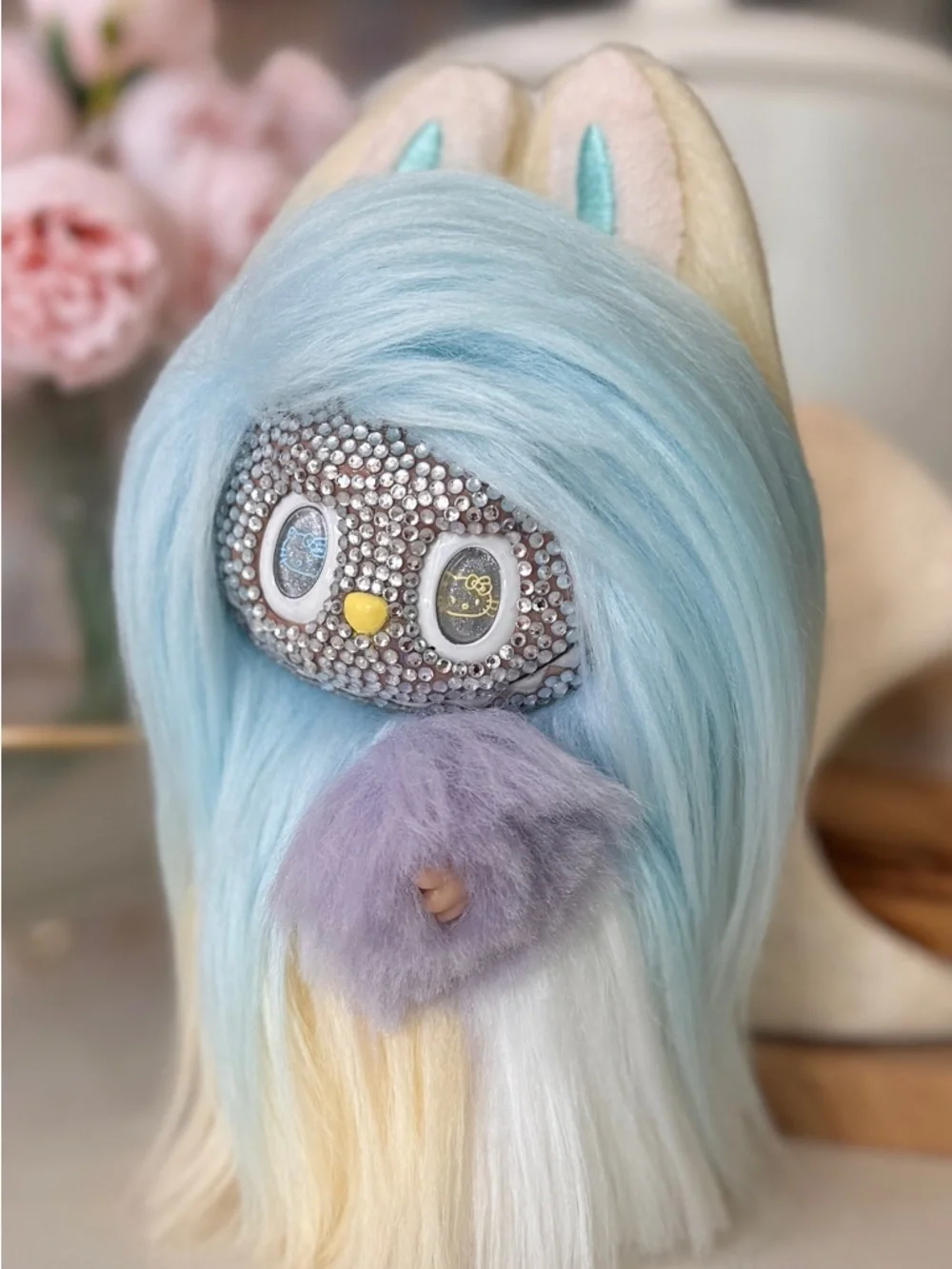 Custom handmade mixed color long hair with rhinestone face Labubu. 17cm